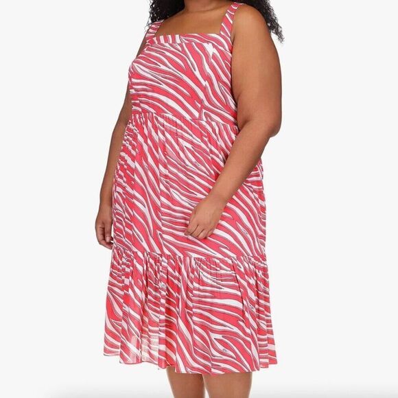 NWT Michael‎ Kors Soft Zebra Midi Dress 2X Straps Pink White Plus Size - Picture 1 of 7